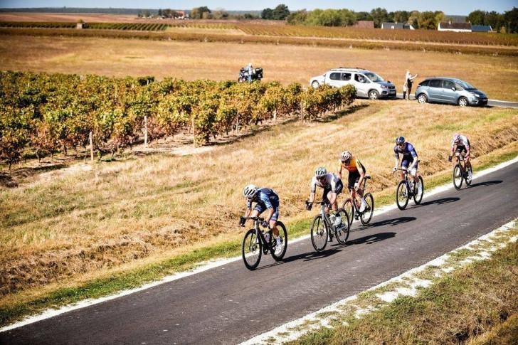 Une échappée de coureurs longeant des vignes